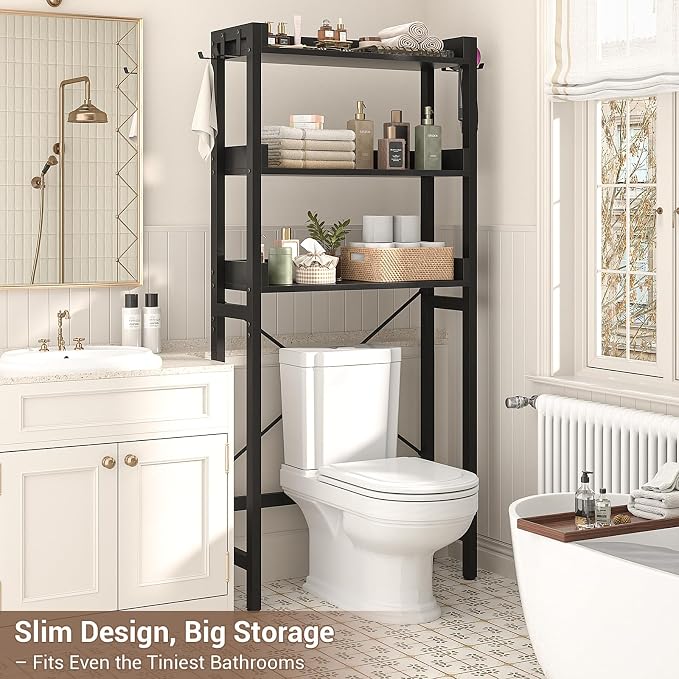 Besiost Over The Toilet Storage Rack - 3 Tier Bathroom Organizer with Shelves, Freestanding Space Saver Storage Rack Above Toilet Stand with 4 Hooks for Restroom, Laundry, Black