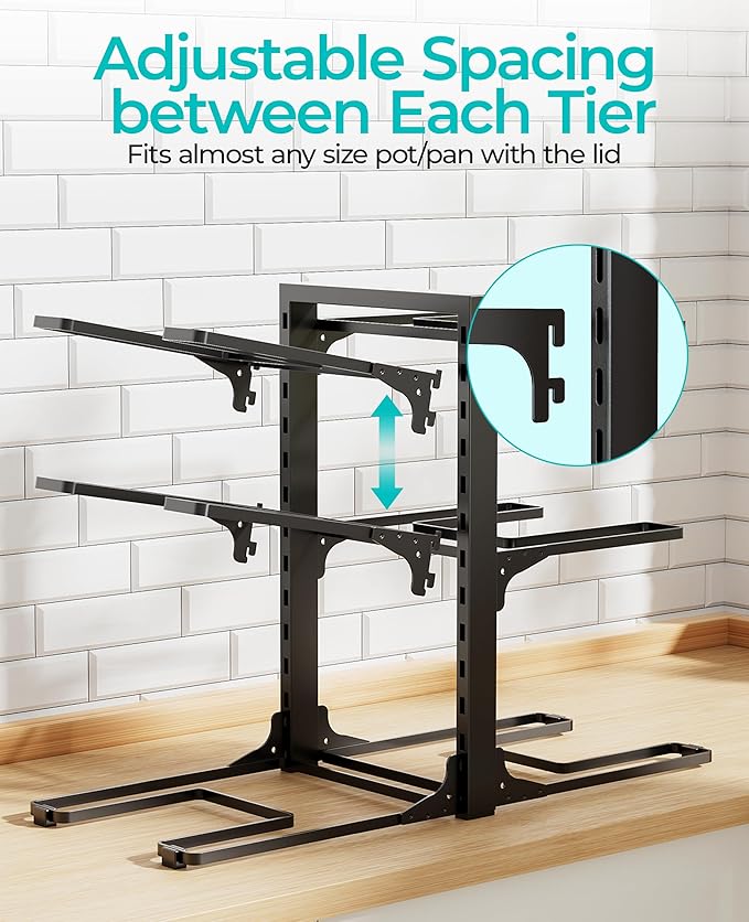 Pots and Pans Organizer Under Cabinet 13.8", 6-Tier Adjustable Rack | 2 DIY Modes, Tool-Free Assembly, Max 90 Lbs, Fits Cast Iron Pans, Dutch Ovens & Heavy Cookware, For Kitchen Cabinets