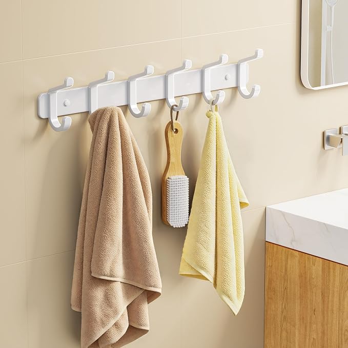 pickpiff Coat Rack Wall Mounted Heavy-Duty: Metal Coat Hanger 6 Hooks for Hanging Hat, Clothes, Robe, Keys, Backpack, Bathroom Towels, Jacket, Purse - Closet, Door, Entryway, Mudroom (White, 2 Pack)