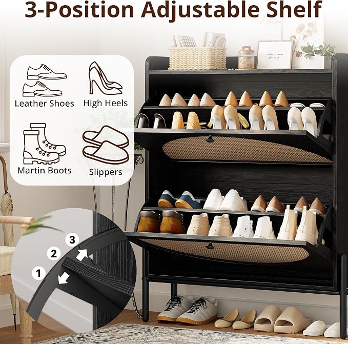 IRONCK Shoe Cabinet Storage with 2 Flip Drawers, Free Standing Wooden Shoe Storage Organizer Cabinet with Rattan Doors for Entryway, Narrow Shoe Rack Cabinet, Black