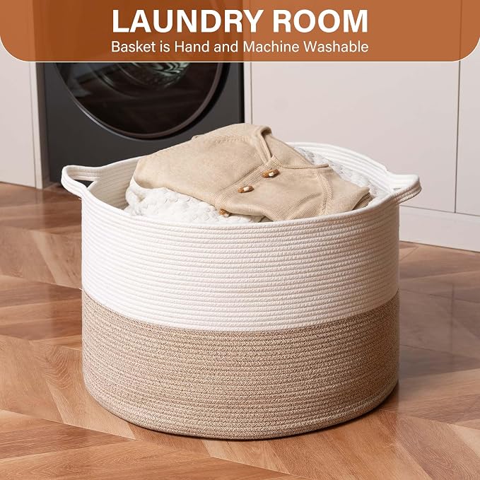 Foldable Laundry Hamper Basket with Collapsible Handle Cotton Rope Soft Woven Fabric Storage Organizer Clothes Toys Nursery Bedroom Dorm Space Saving Bin (White & Brown, 65L(19.7"D x 12.6"H))