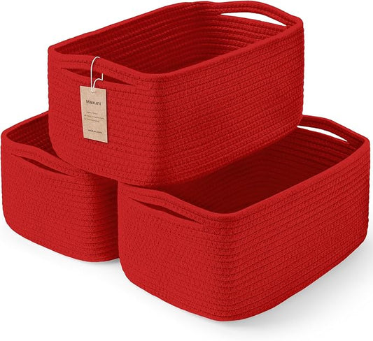 3-Pack Storage Baskets for Organizing | Woven Shelf Toy Basket | Rope Baskets for Gifts Empty | Closet Organizer Bins with Handles | Cube Decorative Box | 13.7×7.1×6.7” | Red