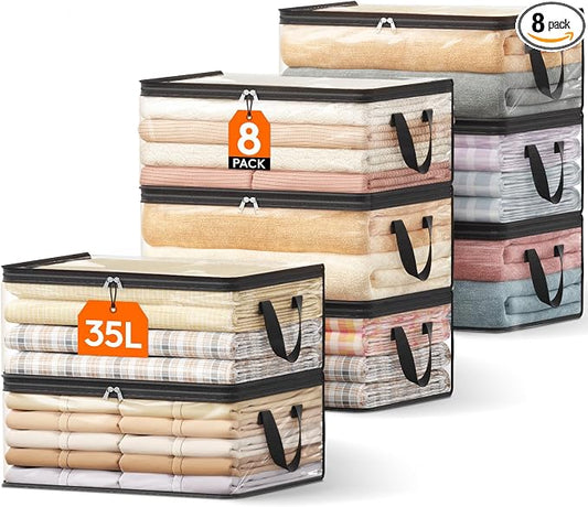 Lifewit 8 Pack Clear Clothes Storage Bags, 35L Plastic Blanket Vinyl Foldable Moving Bags with Zipper, Closet Organizers and Storage Containers for Bedding, Duvet, Pillow