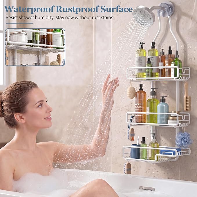 Skyapex Shower Caddy Hanging Bathroom Organizer: Over Head Adjustable Rack for Tall Showerhead - Extra Large Storage Shelf for Big Shampoo Bottles with Soap Holder (White)