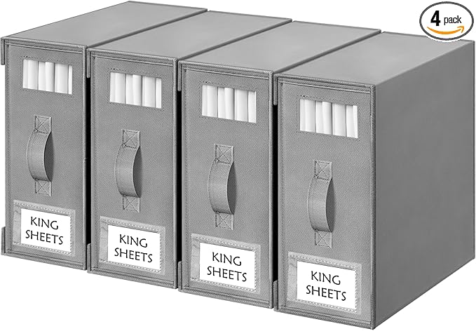 Criusia Bed Sheet Organizers and Storage, 4 Pack Foldable Linen Closet Organizers – Bedding Holder for Sheet Set (King/Queen Sizes), Duvet Covers, Blankets (Grey)