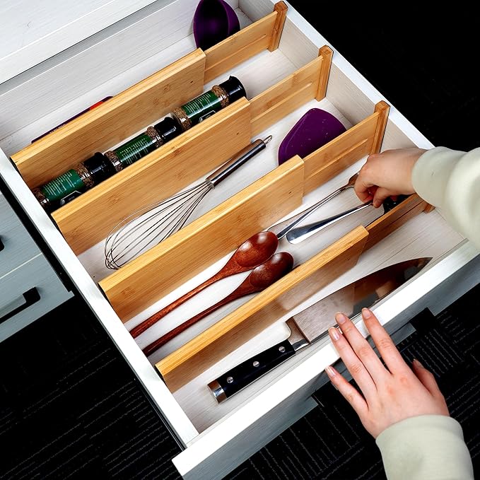 Utoplike Bamboo Drawer Organizer, 4" H Dresser Drawers Dividers for Clothes | Adjustable Drawers Organizers for Clothing, Silverware, in Kitchen, Bathroom, Bedroom Drawer, Fit 14"-16" Drawers