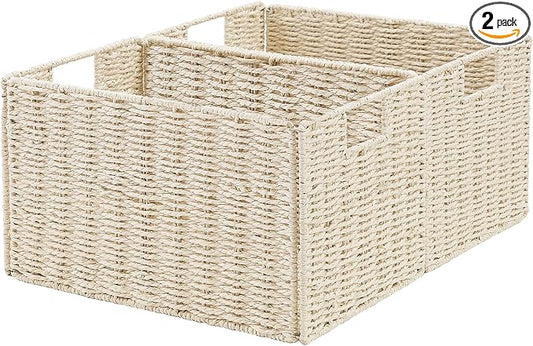 Vagusicc Wicker Storage Basket, Set of 2 Hand-Woven Paper Rope Wicker Basket, Small Storage Baskets for Organizing Toilet Paper Baskets, Foldable Large Cube Storage Organizer Bin for Shelves (Beige)