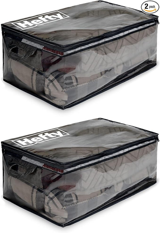 Hefty Storage Bags Extra Large Double Zipper Backpack, Heavy Duty Water Resistant Moving Totes with Shoulder Straps, Foldable Reusable Packing Organizers, 2 Pack (X-Large Black)