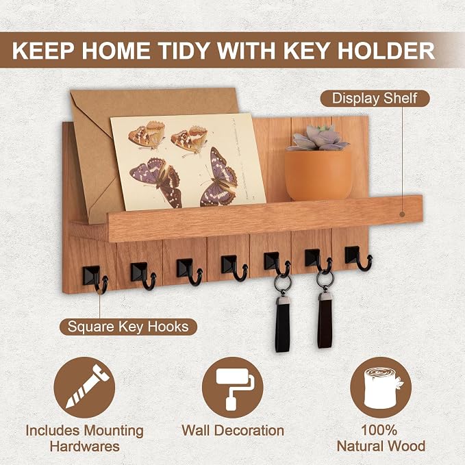 Key Holder for Wall, Decorative Key Holder with Shelf, Key and Mail Holder Wall Mount, Farmhouse Decor with 7 Key Hooks for Keys, Coats, ect.
