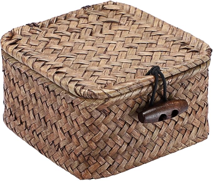 Hipiwe Mini Seagrass Basket Box Wicker Shelf Baskets with Lid, 3.5"x3.5"x2" | Small Handwoven Decorative Box, Natural Storage Basket for Organizing Key Candy, Home Decor