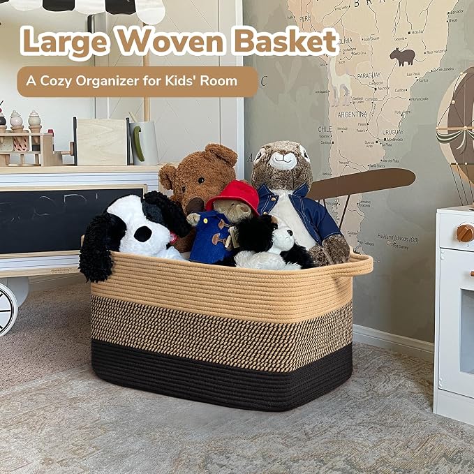 Goodpick Wicker Blanket Basket, Rectangle Storage Organizer, Black Jute | 21.6 x 14.9 x 11.8 in, Reinforced Handles, Living Room, Bedroom & Nursery Organization, Blankets, Clothes & Toys Storage