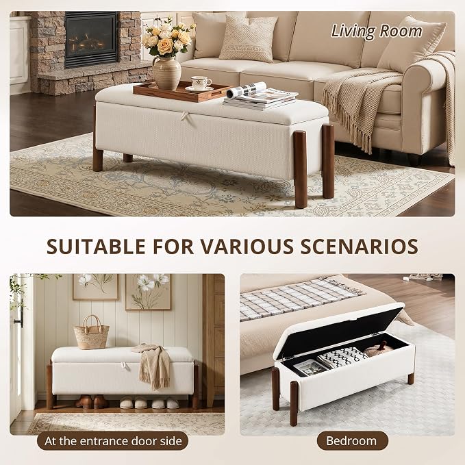 47'' Modern Storage Ottoman Benches with Walnut Wood Legs Ottoman Bench with 22 Gallons Storage Space Fabric Upholstered Seating End of Bed Bench for Bedroom for Livingroom White