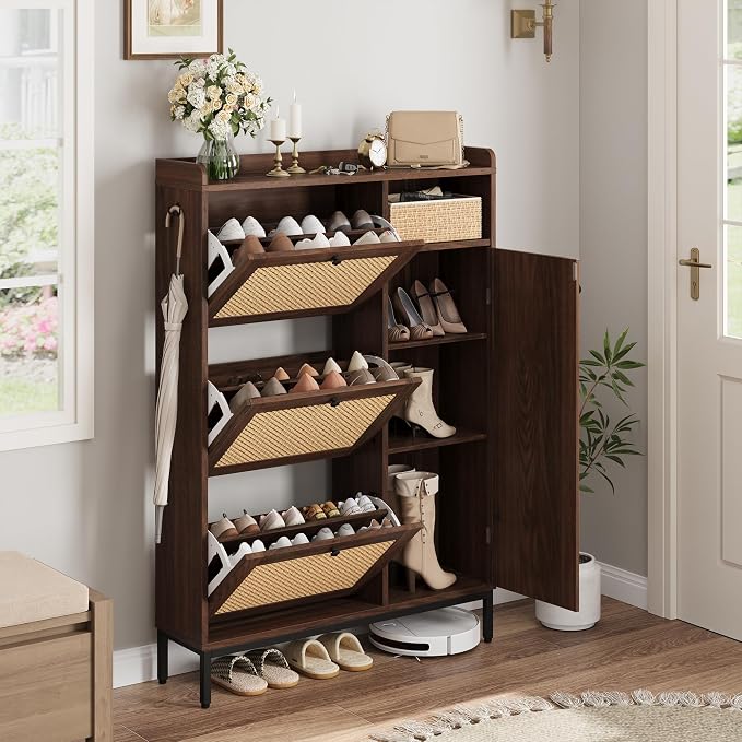 Garvee Shoe Cabinet with 3 Flip Drawers and 4-Tier Shoe Storage Cabinet, Freestanding Shoe Organizer with Adjustable Shelf and Rattan Doors for Entryway, Closet, Hallway
