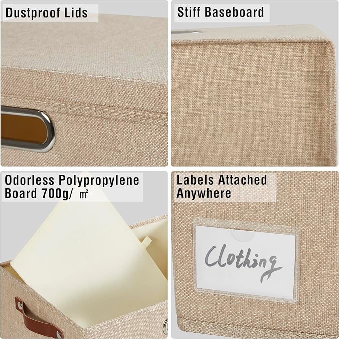 15" Large Collapsible Storage Bins with Lids, Stackable Closet Organizers with PU Handle and Labels, 3-Pack Decorative Fabric Storage Boxes for Home, Bedroom, Closet, Office, Nursery(Khaki)