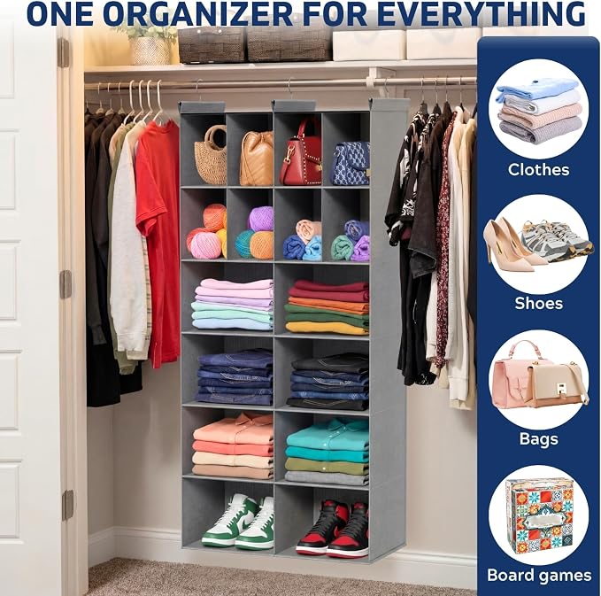 6 Tier Hanging Closet Organizer, 16 Compartments Dual Row Storage, Grey | Closet Organizers and Storage with Large & Small Pockets, 3 Sturdy Hooks Support Heavy Loads, Ideal for Dorm, Garment Rack