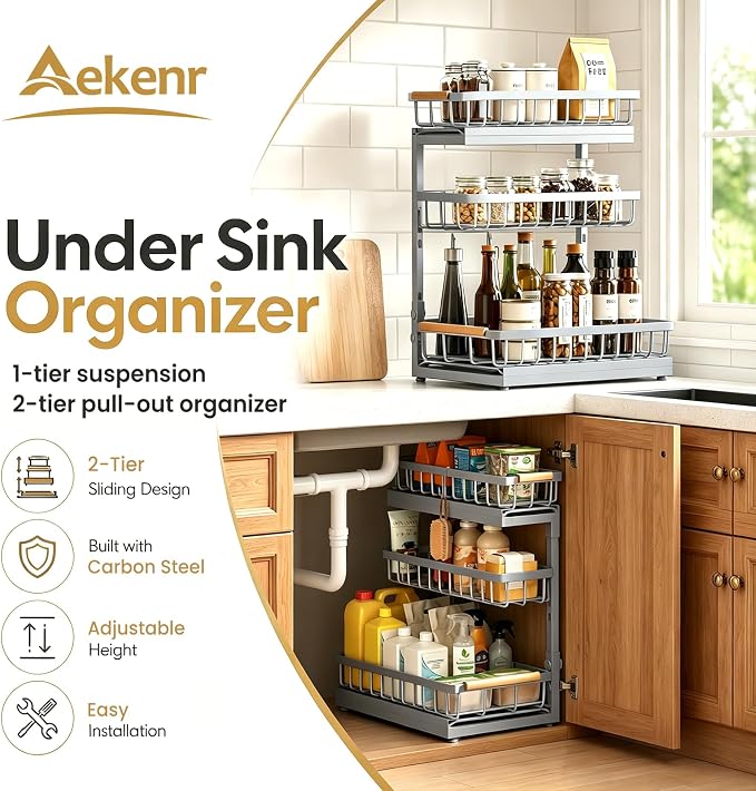 Under Sink Organizer and Storage - 3 Tier Cabinet Pull Out Shelf Organizers | 2 Pack 3 Tier under sink storage for Bathroom and Kitchen Slide Out Drawer Organization for Home Cabinets Shelves and Drawers
