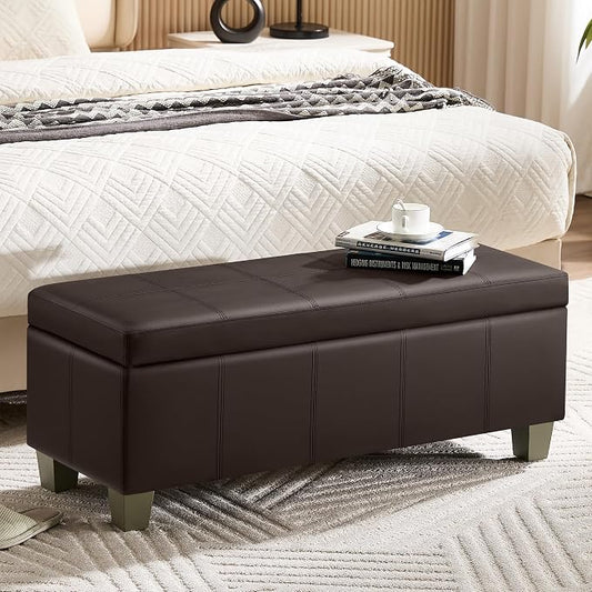 WUTUTUEE 41" Faux Leather Storage Ottoman, Stitch Tufted Rectangle Upholstered End of Bed Storage Bench, Entryway Large Couch Ottoman with Wooden Legs,Brown