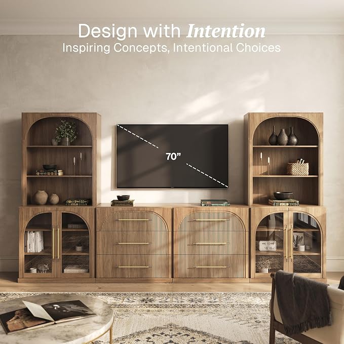 BELLEZE 6-Piece Modular TV Stand Set - 2 Arched Glass Door Sideboards, 2 Sideboards with Drawer, 2 Hutch Cabinets, Classic Modern Media Console Entertainment Center for Living Room (Camel)