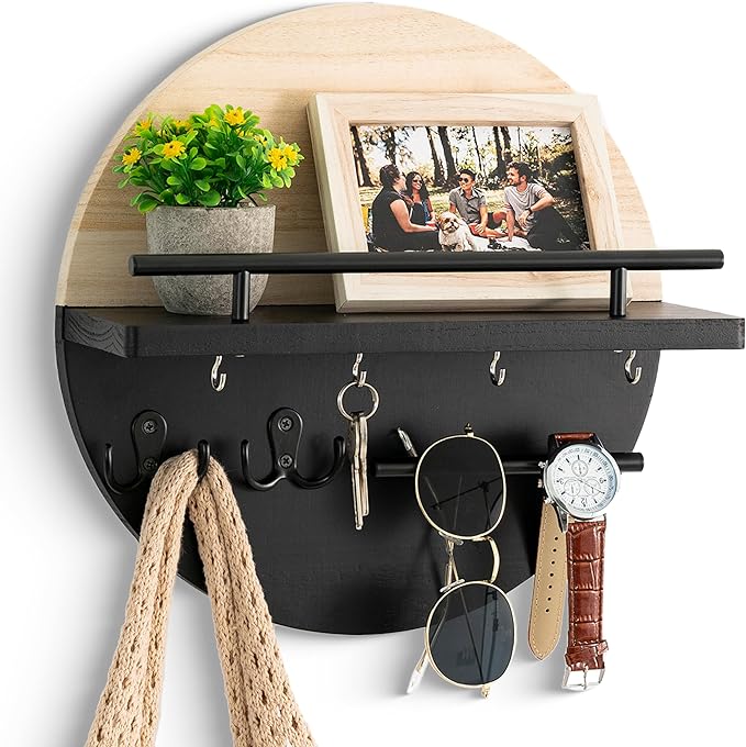 dreampossible Key Holder for Wall Decorative with Shelf and Hooks, Mail Organizer Wall Mount with Sunglasses Holder, Circular Design Entryway Key Rack Hanger, Rustic Home Decor