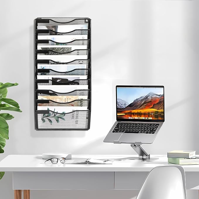 EasyPAG Wall File Organizer for Office 10 Pocket Mesh Wall Mounted Paper Organizer Hanging Folder Holder with Nametag Label for Home School, Black