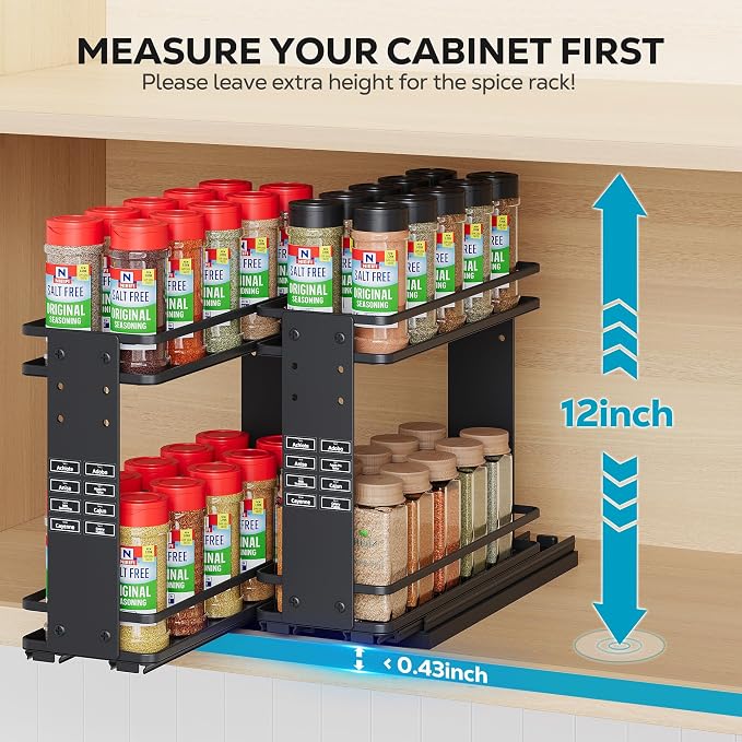 Nieifi Pull Out Spice Rack Organizer, 2 Tiers, Black | Spice Organization for Cabinet, Height Adjustable, Easy to Install