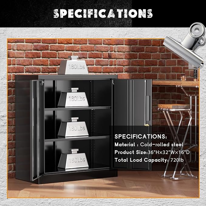 Greenvelly Metal Storage Cabinet, 36" Locking Storage Cabinet with Doors and Shelves, Lockable Storage Cabinets for Home Office, Utility Locker Cabinet, Steel Garage Cabinet with 2 Keys, Black