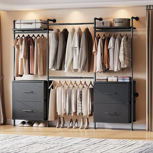 ONBRILL T4 Wall Mounted Closet System, Industrial Pipe Clothing Rack with 8 Wooden Shelves, 4 Drawers & 4 Hanging Rods (2 Expandable), Modular Heavy Duty Closet Organizers and Storage System (Black)