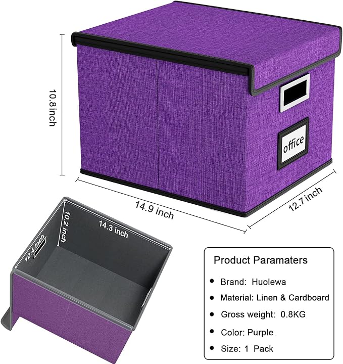 File Organizer Box with Lids, Collapsible File Folder Organizer | File Box with Plastic Slides for Office Document Storage, Filing Bin for Letter Size Hanging File Folders (1 Pack, Purple)