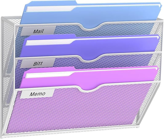 3-Tier Wall File Organizer, Hanging File Organizer, White | Wall-mounted mail storage holds papers, folders, files, clipboards and magazines, assembly required for office or home use.
