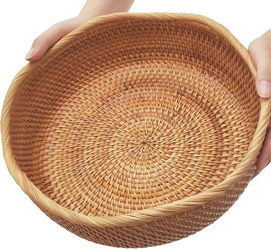 11.2" Large Rattan Wicker Bread Basket, Handwoven Fruit Basket for Kitchen | Artisanal Natural Food Baskets, Well-Made & Sturdy. Versatile for Fruits, Vegetable, Bread & More. Farmhouse Decor (Wave)