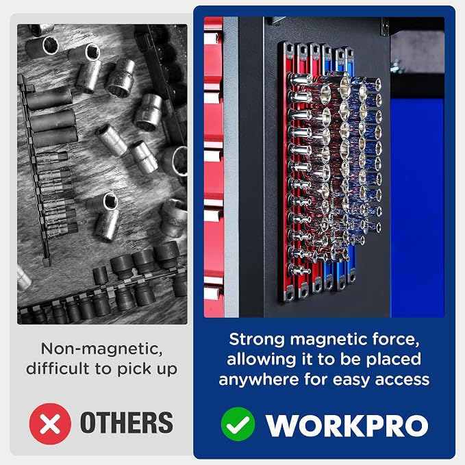 WORKPRO Magnetic Socket Organizer Set, 6-Piece 1/4” 3/8” 1/2” Socket Rails | 2-Piece 1/4-Inchx12 Clips, 2-Piece 3/8-Inchx10 Clips, 2-Piece 1/2-Inchx10 Clips, Aluminum Alloy, Rotatable & Movable Clip