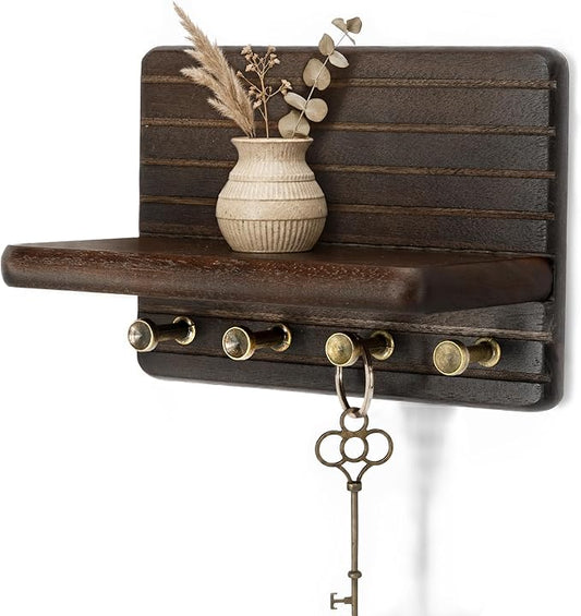 Rebee Vision Acacia Wood Key Holder Wall Mount for Entryway, Dark Brown | Small Key Holder for Wall, 4 Key Hooks, Floating Shelf, Mail Organizer, Compact Home Storage, Ideal for Home Improvement