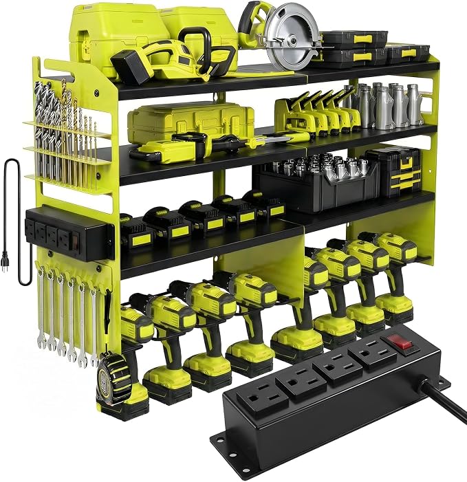 Power Tool Organizer Wall Mount, Includes Power Strip, GREEN | Heavy Duty 600 Lbs Metal Tool Storage Rack, 4-Tier Garage Drill Holder & Workshop Battery Management Station