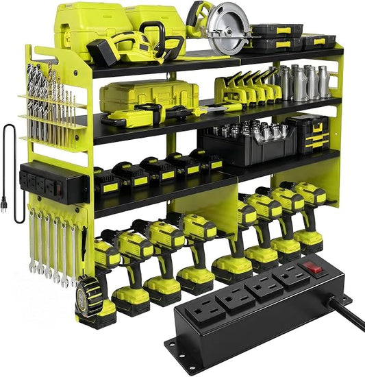 Power Tool Organizer Wall Mount, Includes Power Strip, GREEN | Heavy Duty 600 Lbs Metal Tool Storage Rack, 4-Tier Garage Drill Holder & Workshop Battery Management Station