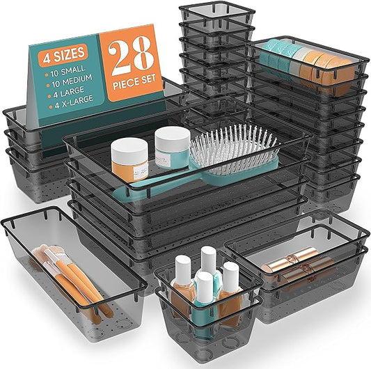 StorMiracle 28 PCS Clear Plastic Drawer Organizers Set, 4 Size Desk Drawer Organizer Trays for Makeup, Jewelry, Kitchen Utensils, Gadgets and Office Accessories, Black