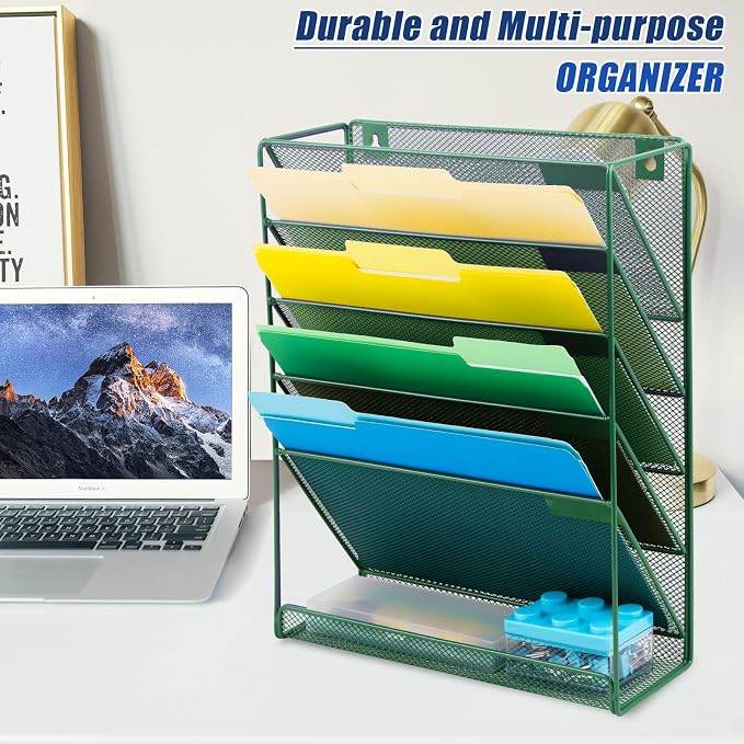 EASEPRES Desk File Organizer Mesh 6-Tier, Hanging Wall Mount Document Organization Stand, Desktop Vertical Mail Paper Folder Holder Rack with Bottom Tray for Office Home Cubicle Countertop, Dark Green
