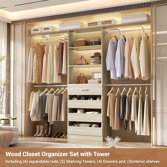 Aheaplus Closet System with 4 Drawers, 8FT Wood Closet Organizer System, 96’’ Closet Built In System Tower with Shelves, Walk-in Closet Wardrobe Clothes Garment Rack, Fits Spaces 4-9 ft, White Oak