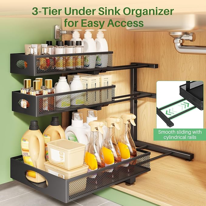 Kitstorack Under Sink Organizer 3-Tier Slide Out Drawer 1-Pack Black | Height Adjustable, Metal Mesh Storage Rack, Pull out Cabinet Organizer Shelf for Bathroom Kitchen Pantry Home Organization