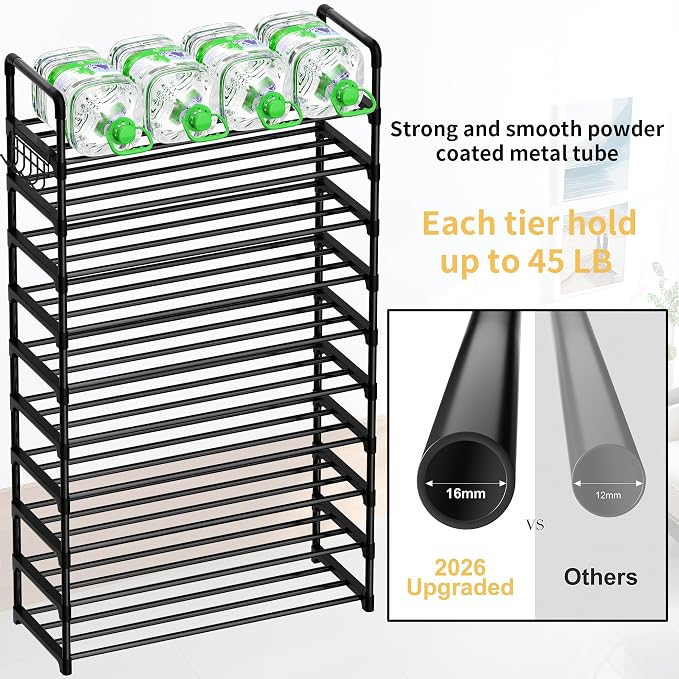Shoe Rack, 10 Tier Shoe Storage Organizer with Hooks,Fit 40-45 Pairs Shoes,Metal Tall Shoe Shelf for Closet,Entryway, Hallway,Garage,Bedroom,Cloakroom