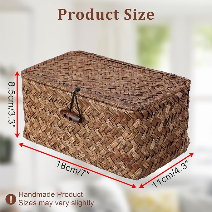 Small Wicker Basket with Lid, Handwoven Seagrass Organizer | Wicker Shelf Basket Rectangular Multipurpose Desktop Organizer Bin for Key, Remote Control, 7.0" x 4.3" x 3.3"