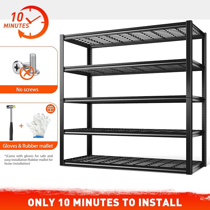 REIBII 48.2''W Garage Shelving Heavy Duty, Adjustable Shelves for Basement | 3000LBS Storage Shelves,Reinforcing Ribs Wire Mesh,5-Tier Shelf for Pantry Warehouse Supermarket,48.2"W x 24.2"D x 72.2"H