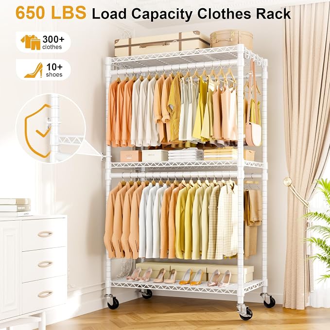 P5 Rolling Clothes Rack, Clothing Racks for Hanging Clothes, White | Heavy Duty Garment Rack with Wheels, 3-Tier Shelves, Portable Closet Racks 39.4'' W × 20.5'' D × 80.5'' H, Max Load 650 Lbs