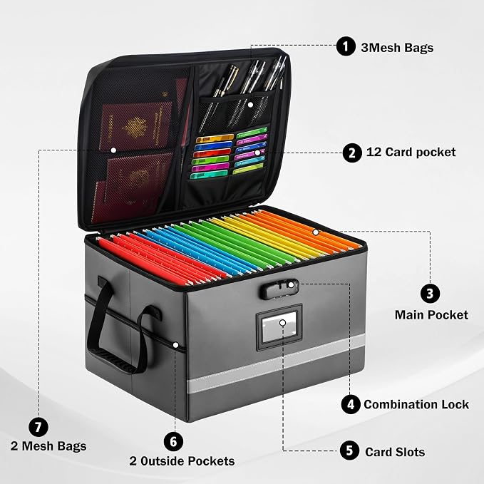 EXLIFBAG File Organizer, Fireproof File Box with Lids, Important Document Organizer Box with Lock, Portable File Folder Organizer with Handle