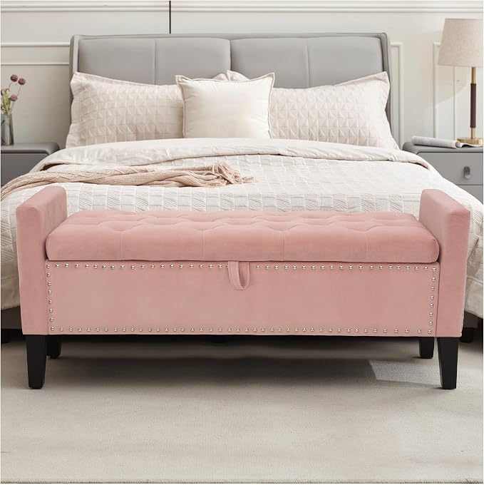 Storage Ottoman Bench, Velvet Upholstered Footstool for Bedroom and Living Room, Frosted Flannel Seat with Storage, Wooden Legs & Metal Rivets, Pink