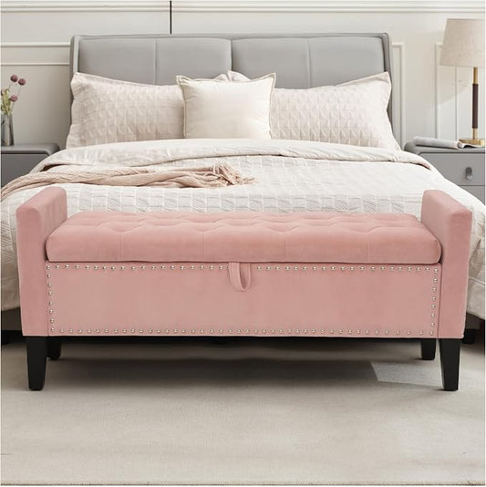 Storage Ottoman Bench, Velvet Upholstered Footstool for Bedroom and Living Room, Frosted Flannel Seat with Storage, Wooden Legs & Metal Rivets, Pink