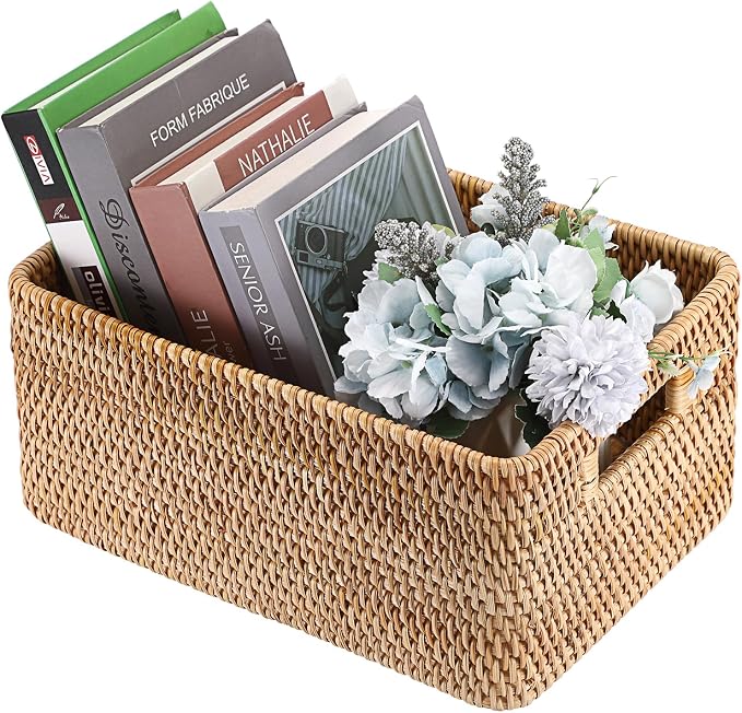 Hipiwe Rattan Wicker Basket for Shelf Organizer Natural Basket with Handles | Handwoven Open Storage Bin Rectangular Closet Organizer Bin Multipurpose Storage Box, 13.8" x 9.8" x 6.3"