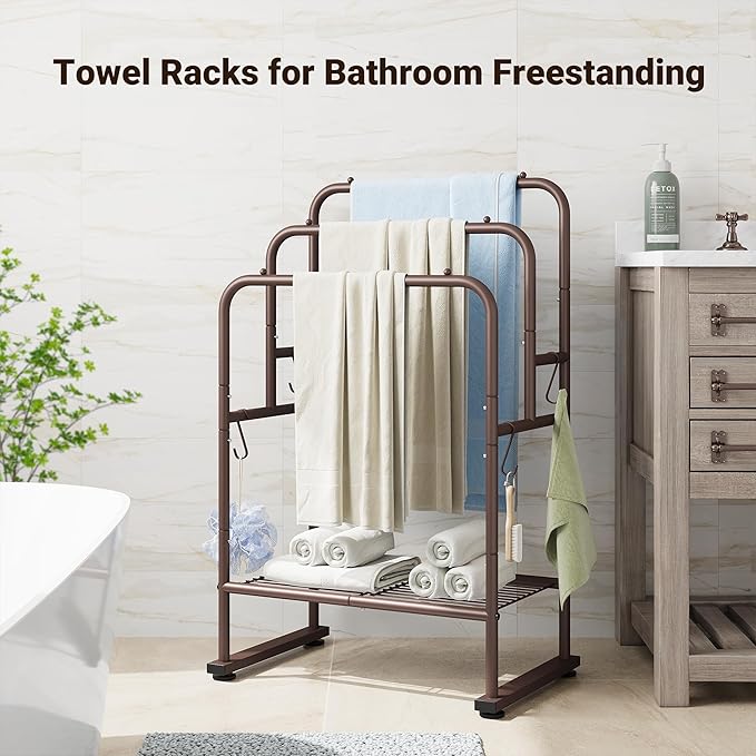 ELYKEN 40" H Freestanding Towel Rack with Shelf, 3 Tier Towel Stand, Bronze | Metal Drying Rack for Oversized Bath Towels & Blankets, 4 Hooks, Indoor & Outdoor Use, Fits Bathroom, Tub, Shower, Poolside