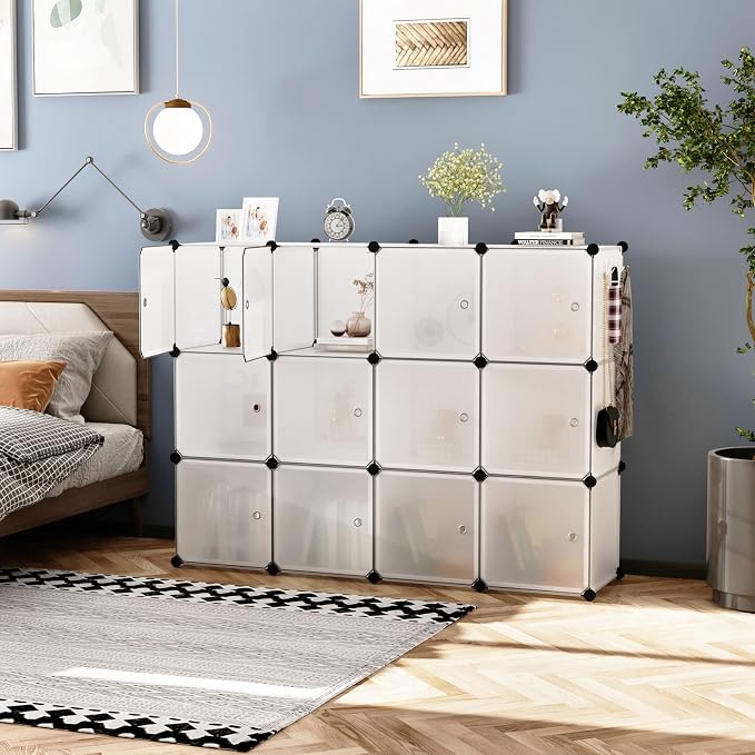 C&AHOME 12-Cube Storage Organizer with Door Cube Shelf Closet Cabinet White | DIY Plastic Modular Bookshelf, Stackable Clothes Storage Shelving Ideal for Home, Bedroom, 36.6”L x 12.4”W x 48.4”H