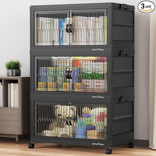 BROVIEW 360 Qt Stackable Storage Bins with Lids, Plastic Closet Organizers and Storage Drawer, Collapsible Storage Box with Wheels, Folding Storage Cabinet for Closet Clothes Organization, 3Pack Black