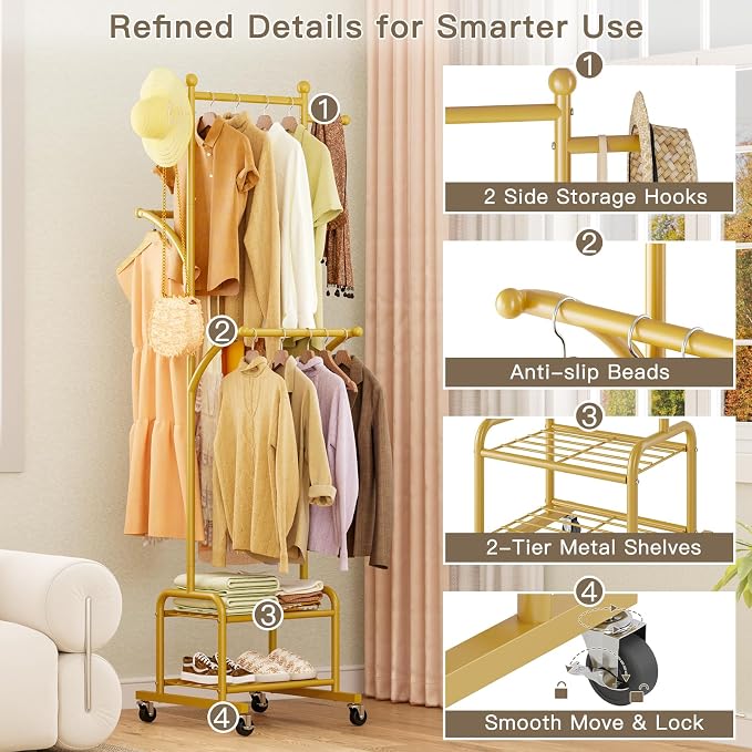 Rolling Clothes Rack with 2 Shelves, Small Gold Clothing Rack with Wheels | Gasvadivum 71" Tall Sturdy Metal Garment Rack with 3 Hanging Rods, Freestanding Portable Coat Rack for Bedroom, Entryway